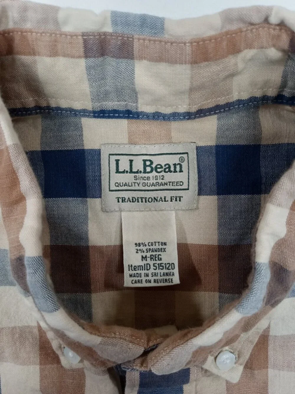 LL Bean Mens Medium Regular Plaid Button Down Shirt Traditional Fit Brown Blue
